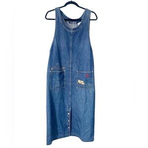 Vintage True Blue Denim School Theme 90s Embroidered Sleeveless Midi Dress
